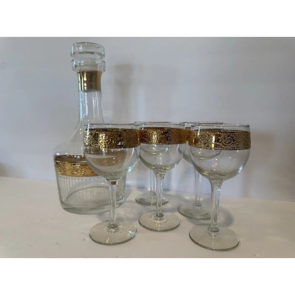Vintage Culvers Ltd Tyrol 22K Gold Decanter & 5 Wine Glasses Made in USA 1960s